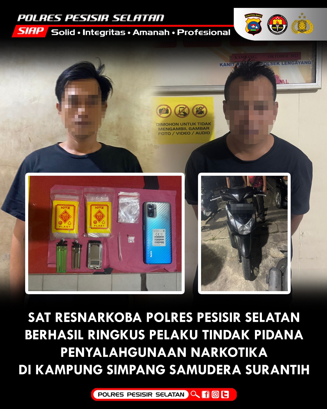 Sat Resnarkoba Polres Pesisir Selatan Ringkus 2 Pelaku Penyalahgunaan Narkotika Di Kampung Simpang Samudera Surantih.