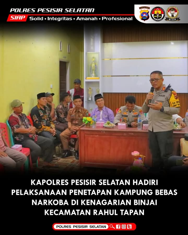 Kapolres Pesisir Selatan Resmikan Kampung Tangguh Bebas Narkoba di Nagari Binjai Kecamatan Rahul Tapan.