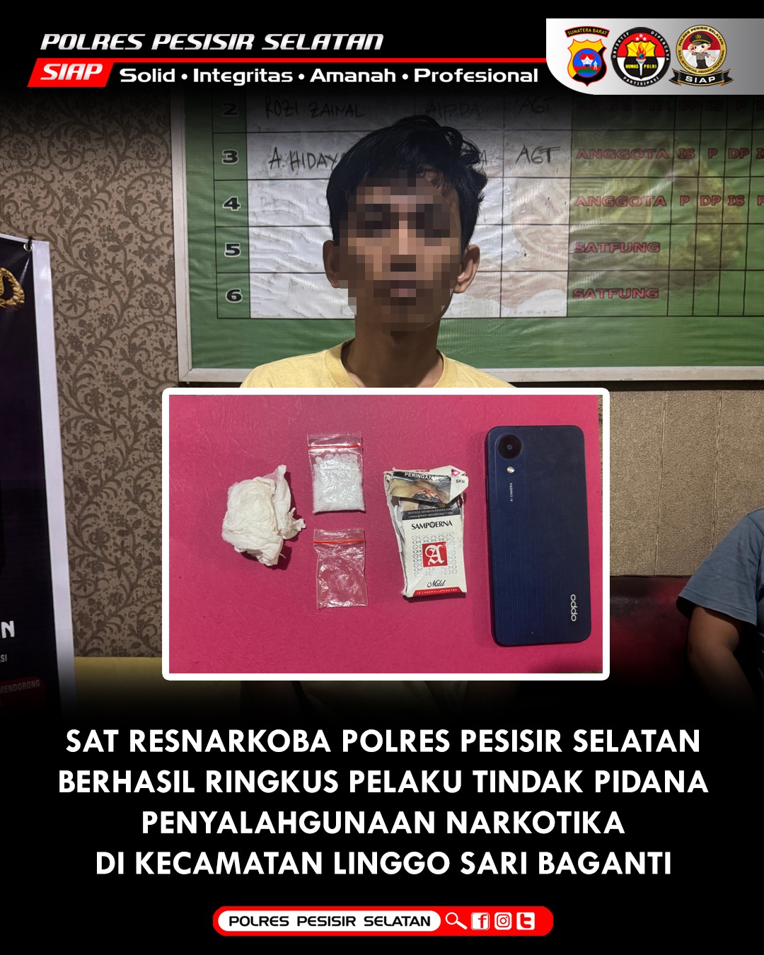 Sat Resnarkoba Polres Pesisir Selatan Berhasil Ringkus Pelaku Penyalahgunaan Narkotika di Nagari Air Haji.