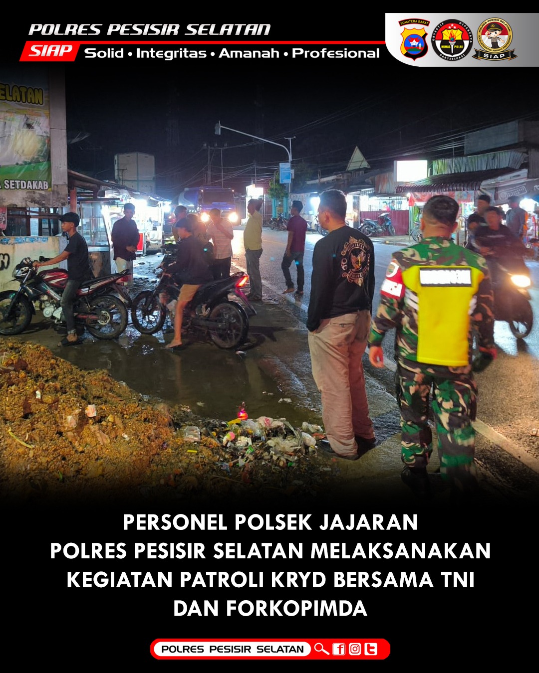 Patroli KRYD Gabungan TNI - Polri, Polsek Jajaran Polres Pessel Cegah Kejahatan di Wilayah Hukum Jelang Idul Fitri 1446 H